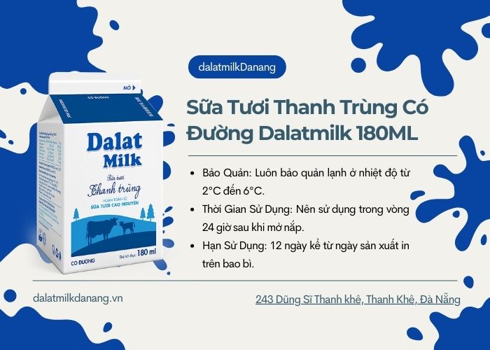 Sữa Tươi Thanh Trùng Có Đường Dalatmilk 180ML - Dalatmilk Đà Nẵng