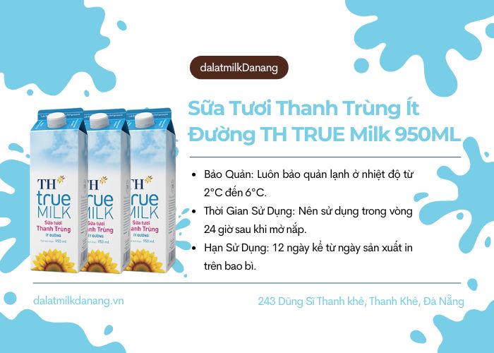 Sữa Tươi Thanh Trùng Ít Đường TH TRUE Milk 950ML