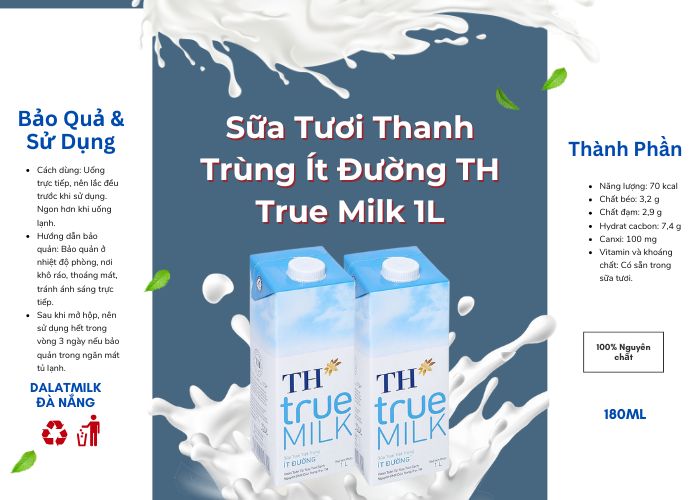 Sữa Tươi Thanh Trùng Ít Đường TH True Milk 1L - Dalatmilk Đà Nẵng