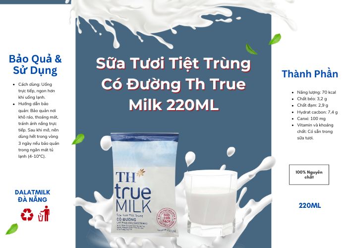 Sữa Tươi Tiệt Trùng Có Đường Th True Milk 220ML - Dalatmilk Đà Nẵng