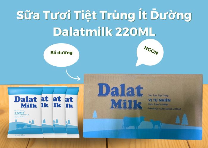 Sữa Tươi Tiệt Trùng Ít Đường Dalatmilk 220ML