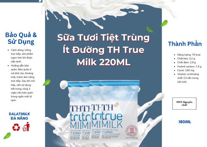 Sữa Tươi Tiệt Trùng Ít Đường TH True Milk 220ML