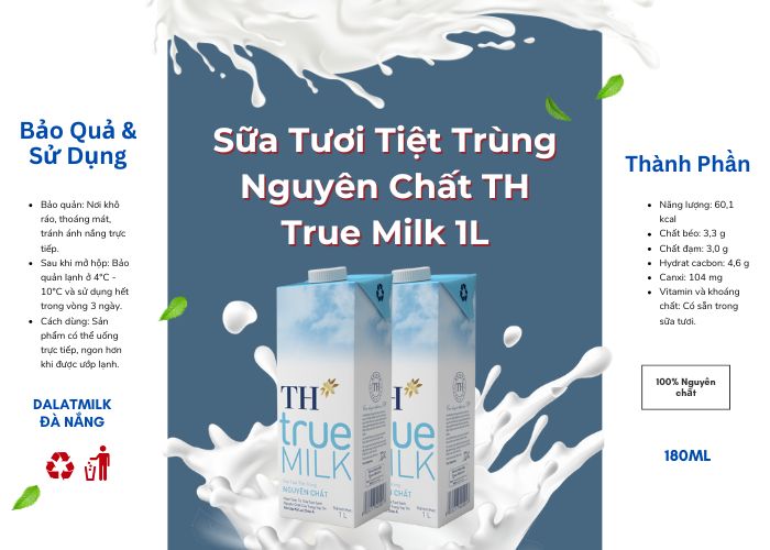 Sữa Tươi Tiệt Trùng Nguyên Chất TH True Milk 1L - Dalatmilk Đà Nẵng