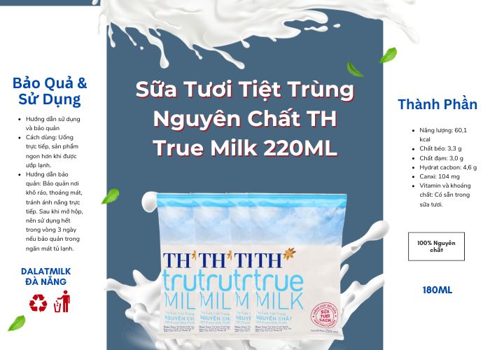 Sữa Tươi Tiệt Trùng Nguyên Chất TH True Milk 220ML - Dalatmilk Đà Nẵng