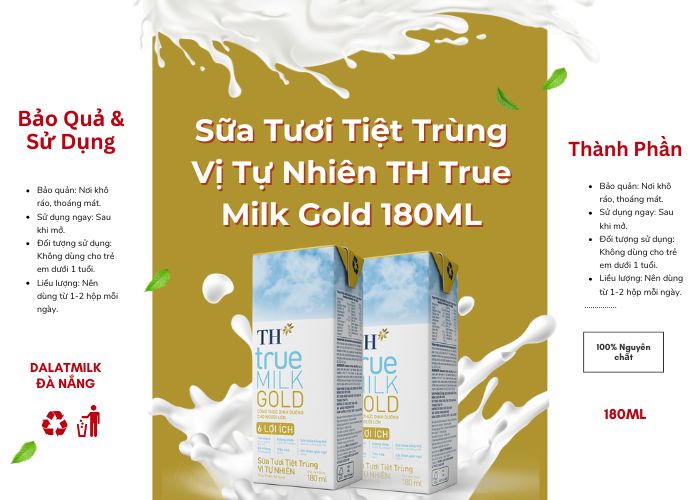 Sữa Tươi Tiệt Trùng Vị Tự Nhiên TH True Milk Gold 180ML - Dalatmilk Đà Nẵng